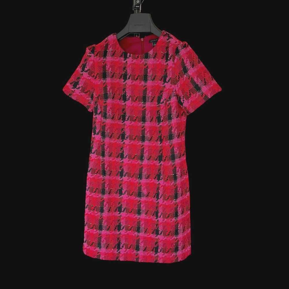 Ann Taylor Red Pink Plaid Tweed Holiday Dress Metallic Short Sleeve Size 4